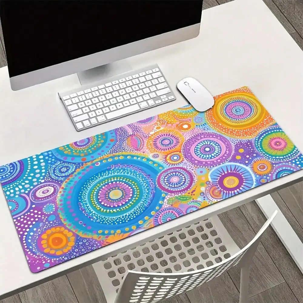 1pc Oversized Mouse Pad And Table Mat - Non-Slip Rubber Base, Large Computer Pad For Office, Home, Games - Vivid Australian Aboriginal Point Art Design In Blue