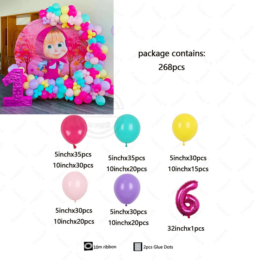 268PCS Disney Martha und Bär Themenballons Bogenset Rot Gelb Grün Latex Ball Mädchen Kind Geburtstag Party Supplies Babyparty