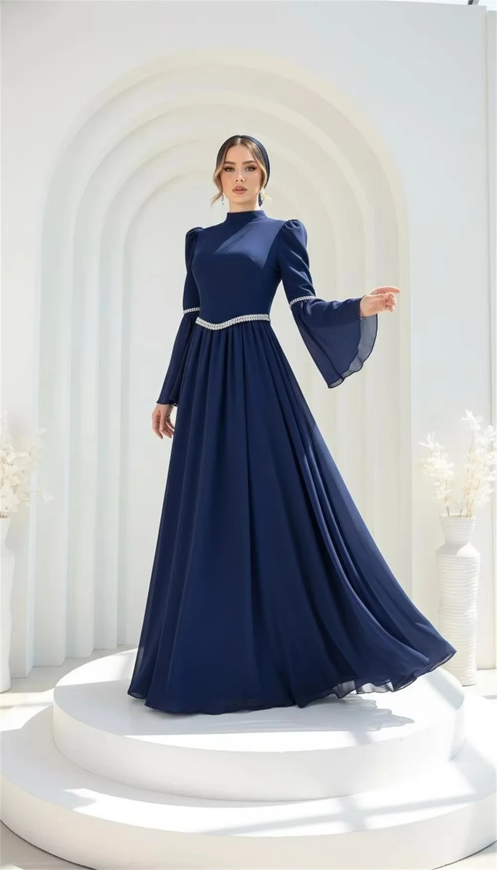 Modest navy blue maxi abaya dress with stand collar and flare sleeves, matching hijab included. Custom size & color available. E