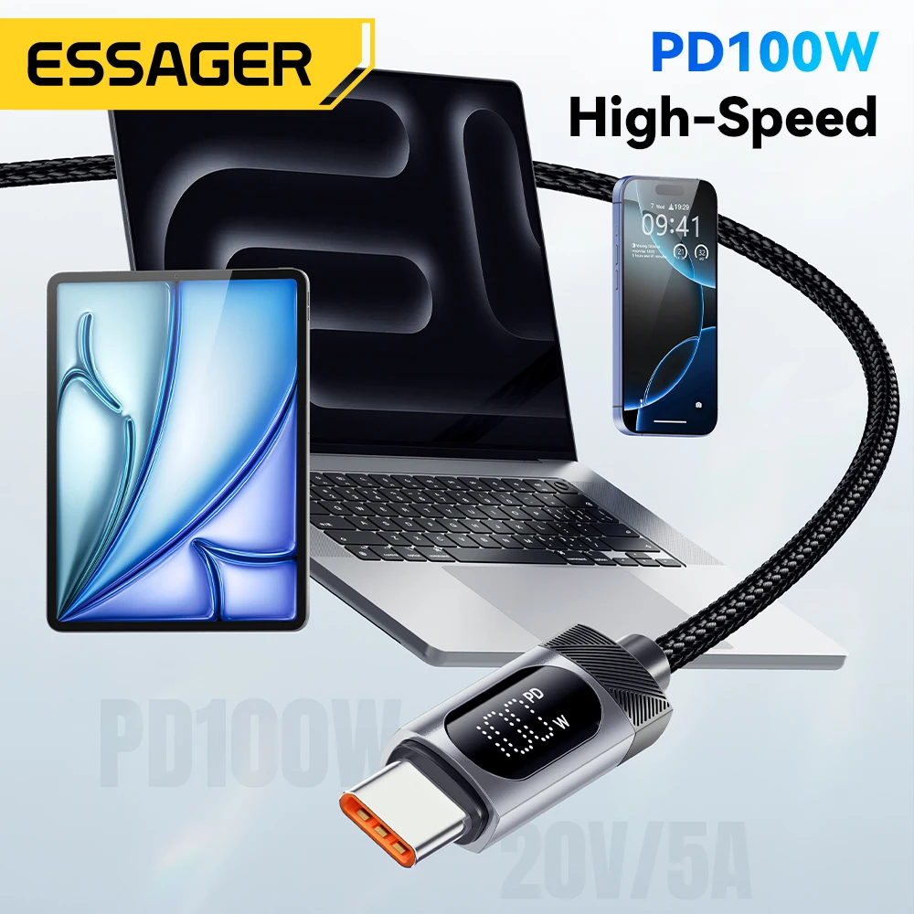 Cable USB C de pantalla Digital Essager para iPhone 17 16 15 Xiaomi Huawei 100W PD carga rápida para Macbook iPad Cable tipo C a C - imagen 5