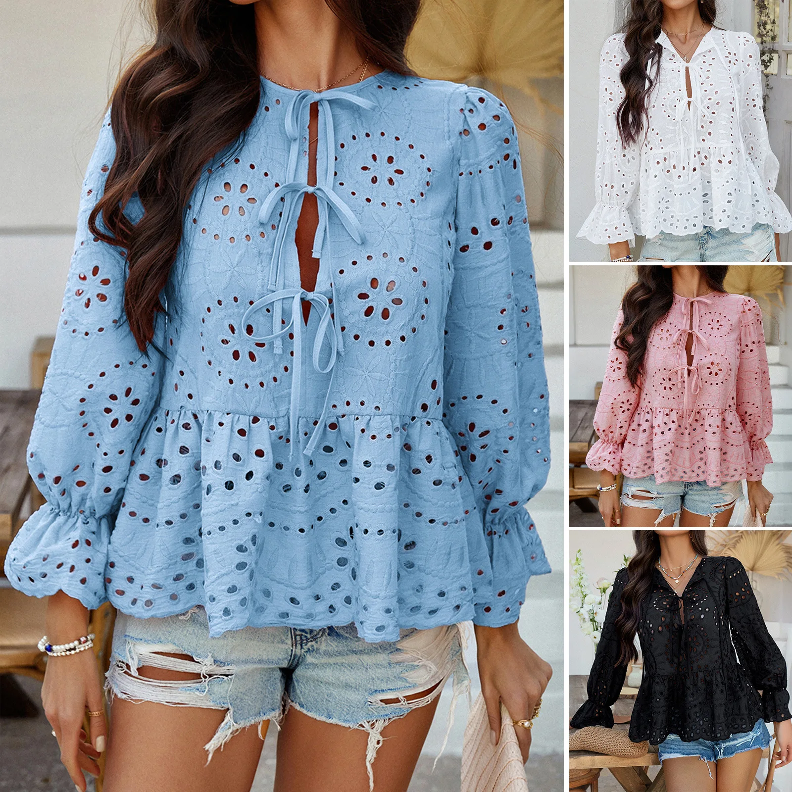 

Europe and the United States new spring and summer leisure vacation loose lace cardigan solid color hollow top women's shirt