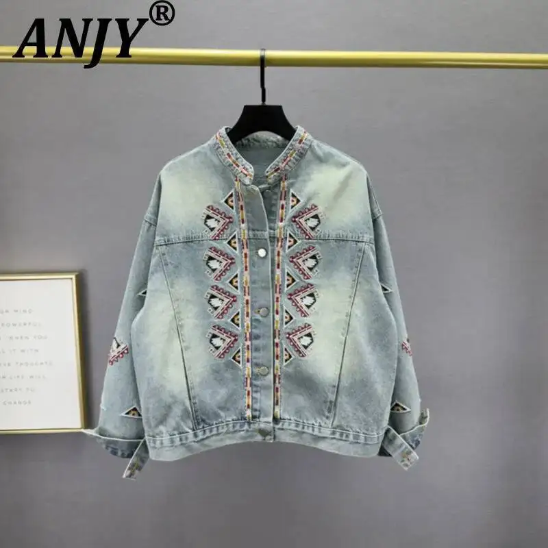 

ANJY Spring Autumn New Women Washed Heavy Embroidered Diamonds Sequins Stand Collar Denim Jacket Loose Casual Design Coat A23825