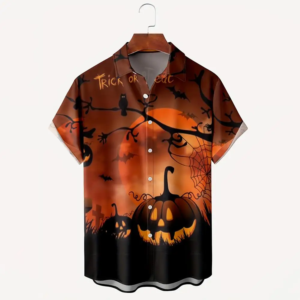 Festival Street Horror Pumpkin Graphic Shirt Halloween Party Casual Fashion Trendy Tops Unisex Breathable Lapel Buttons Blouse