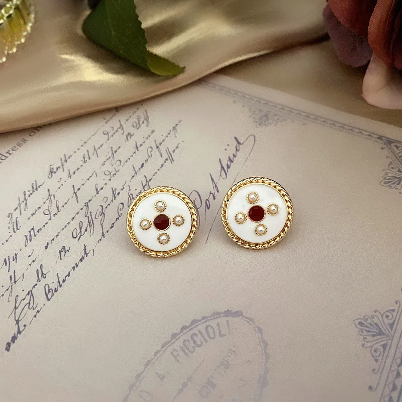 SHMIK Vintage Women Baroque Round Pearl Earrings Jewelry Exquisite Fashion Palace Style Retro Flower Ear Rings Accessories Gift