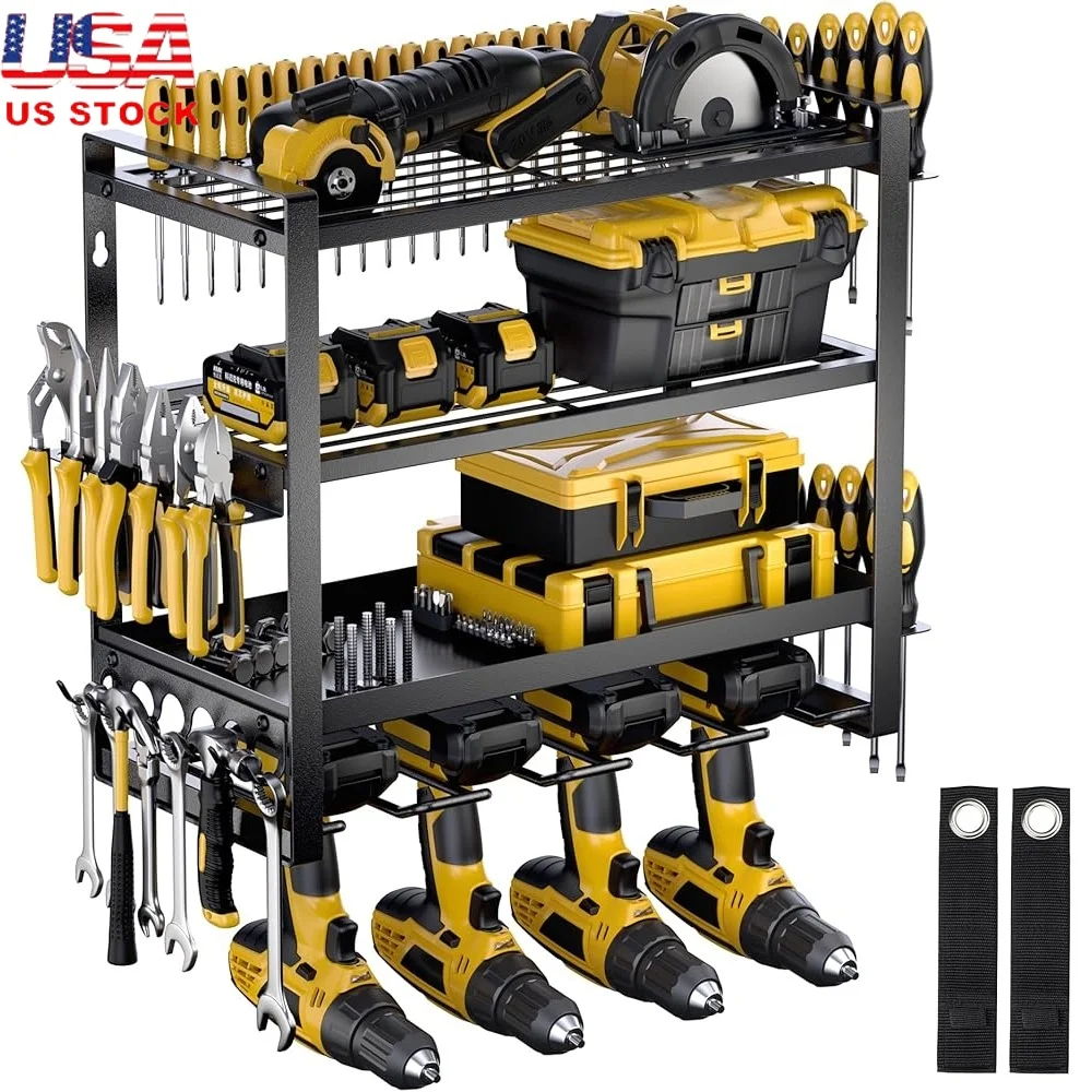 

Heavy Duty Metal Tool Organizer Wall Mount 4 Layer Drill Holder Garage Storage Solution Tool Shelf with Storage Straps
