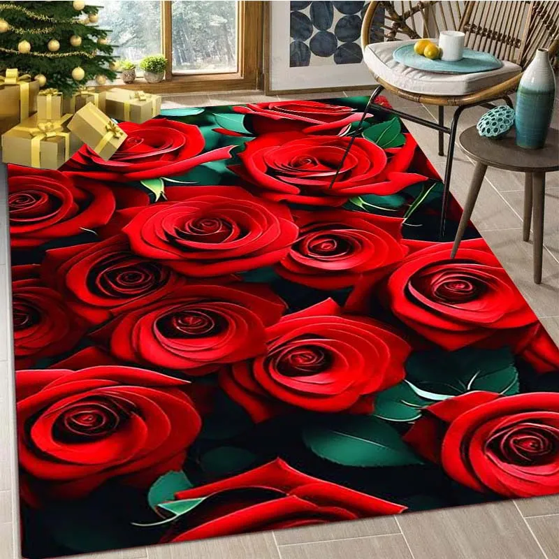 3D Red Rose Modern Home Furnishing Bathroom Carpet Living Room Large Decorative Mat Couple Bedroom Water Absorbing Non slip Mat