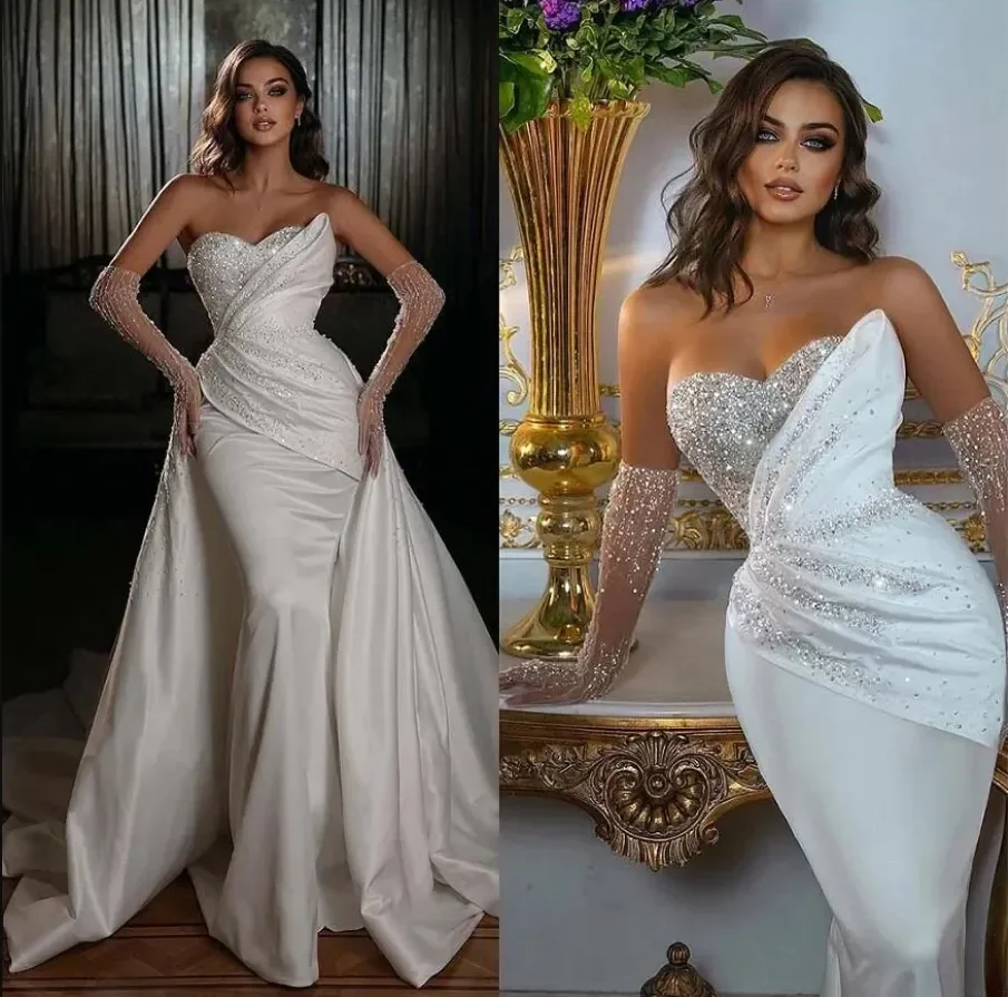 Customized Dubai Arabic Mermaid Wedding Dresses Beaded Party Bridal Gown Satin Detachable Train