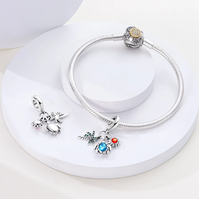 S925 Silver Jellyfish Dolphin Turtle Starfish Shell Luminous Ocean Series Charms Beads Fit 3mm Original Bracelets DIY Jewelry