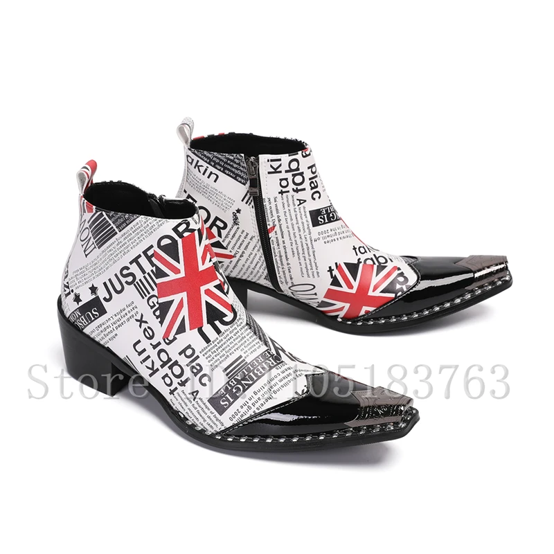 

Men's Unique Newspaper Print Chelsea Boots Genuine Leather Pointed Toe Chunky Heel Side Zipper Short Boot for Streetwear Party