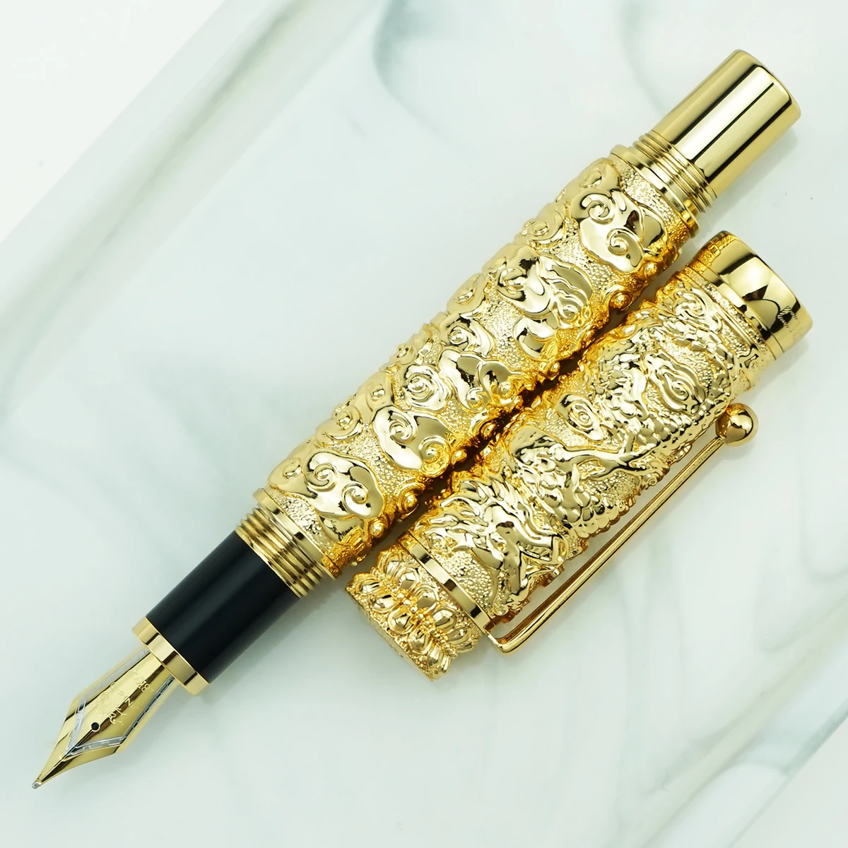 

Jinhao Vintage Luxurious Metal Fountain Pen Dragon Cloud Heavy Big Pen EF/F/M/Bent Golden Color Carving Embossing Collection