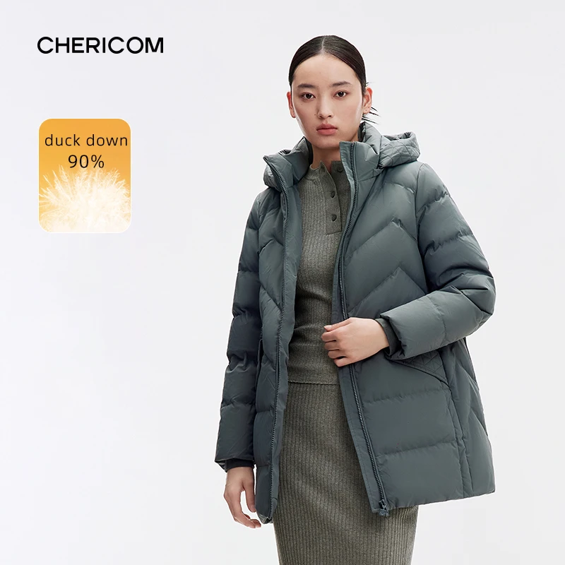 Chericom Women's Winter Down Jacket  Long Thick Hooded Removable Cap Warm Slim Padded Jacket Duck Down Simple Puffer Coat 299303