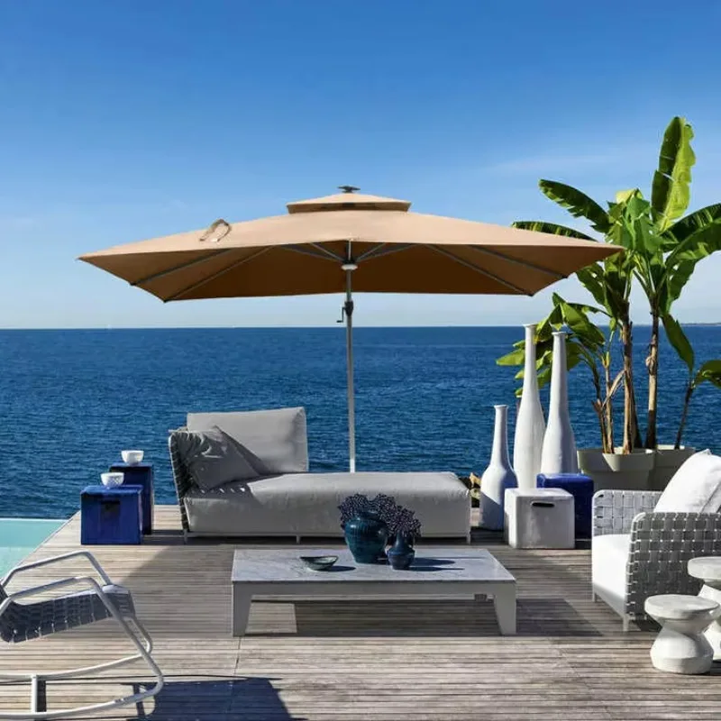 

Modern Design Aluminum Wood Grain Powder Coated Pole Outdoor Parasol Umbrella for Patio Courtyard Hotel or Park Furniture