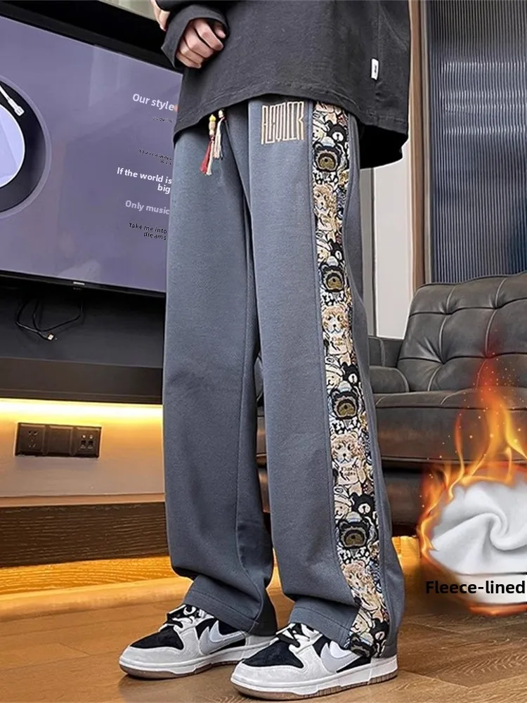 

Bear Patchwork Thiened Fce Lined Loose Straight Leg Sports Pants for Men Autumn Winter New Sle American High Street Vibe