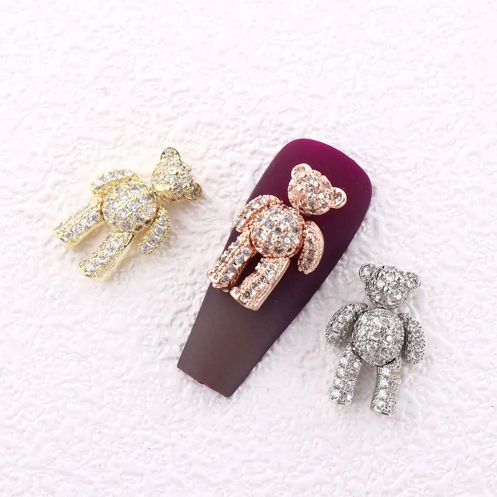 زينة أظافر ثلاثية الأبعاد على شكل دب من الزركون اللامع بلون الذهب الوردي، مجوهرات أظافر للزينة والديكور