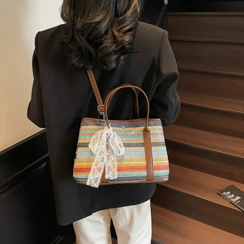 

Women's Casual Straw Woven Tote Bag with Detachable Inner Pouch, Ideal for Daily Use, School, Shopping & Casual Outings