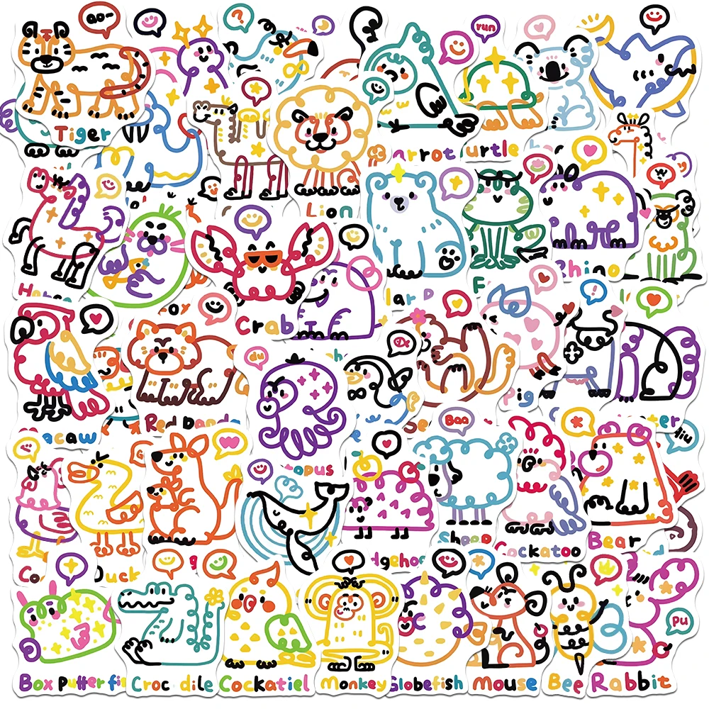 

50pcs Classic Cartoon Line English Animal Graffiti Stickers for Luggage Guitar Skateboard Diary Waterproof Vinyl Laptop Decal