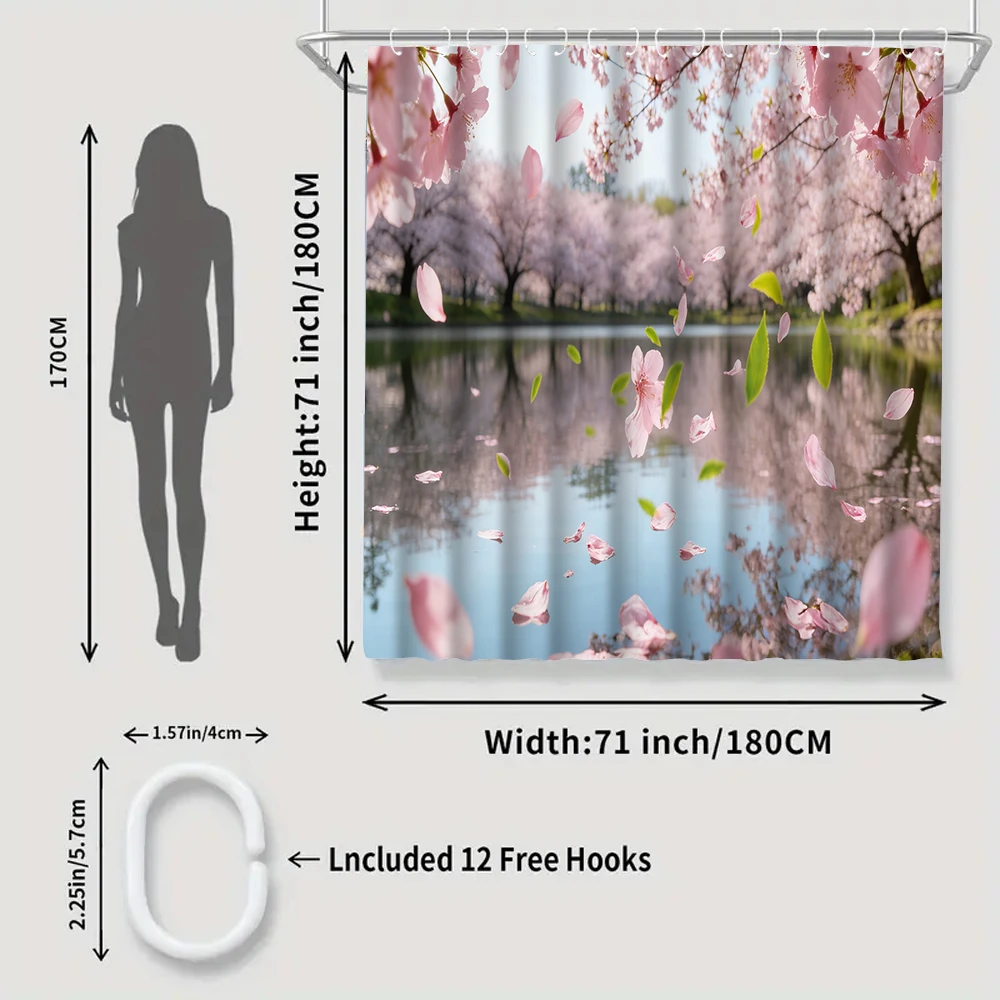 4/1 Cherry blossom scenery shower curtain set, toilet seat decoration, shower curtain with carpet and toilet lid, size 70.8x70.8