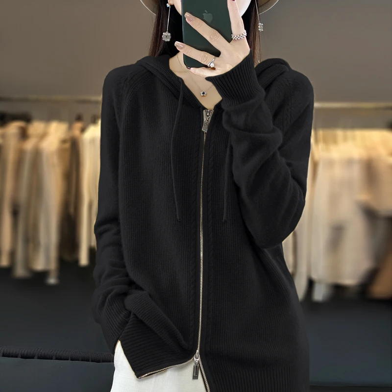 Hooded Cardigan for Women, 100% Pure Wool, Loose Knitted Coat, Long Sleeve, New Product, Autumn and Winter, Hot Selling, 2023