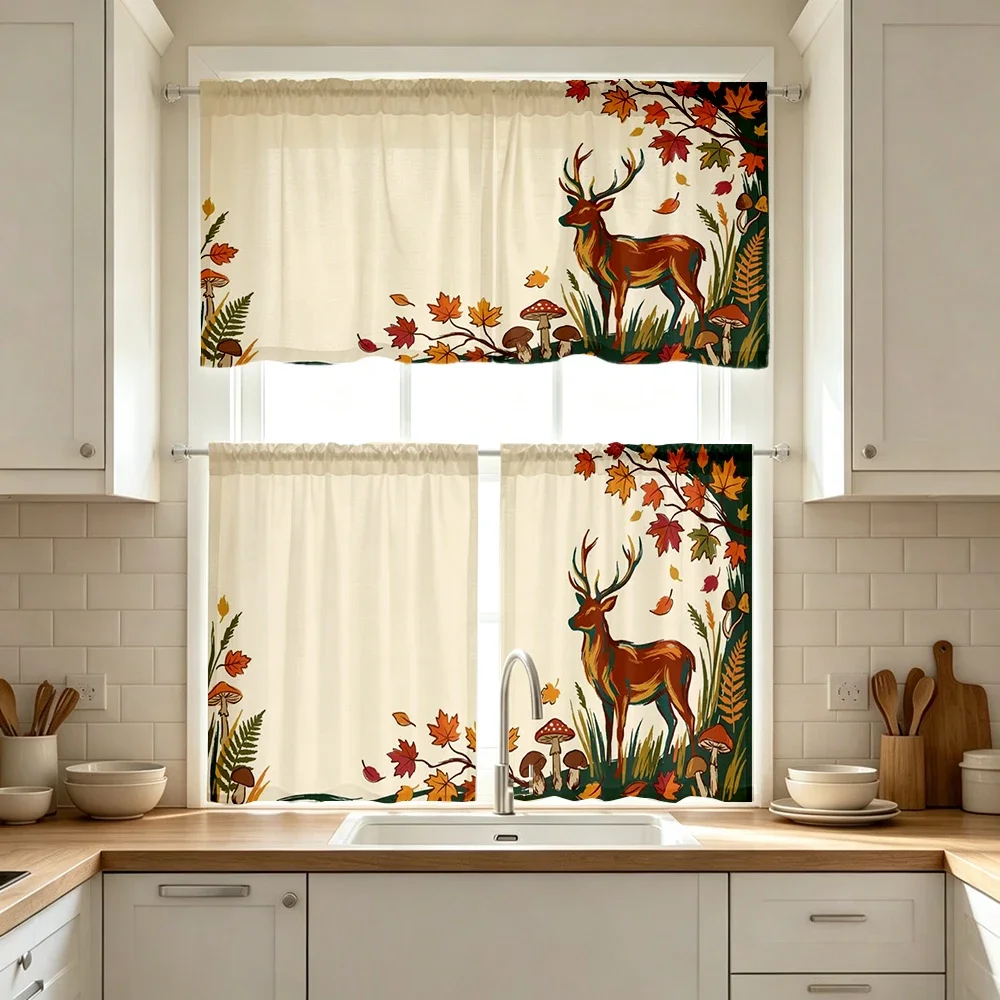 Thanksgiving Fall Kitchen Curtains, Border Deer Maple Leaf, Digital Print, Kitchen Dining Room, Rod Pocket Polyester, Home Decor