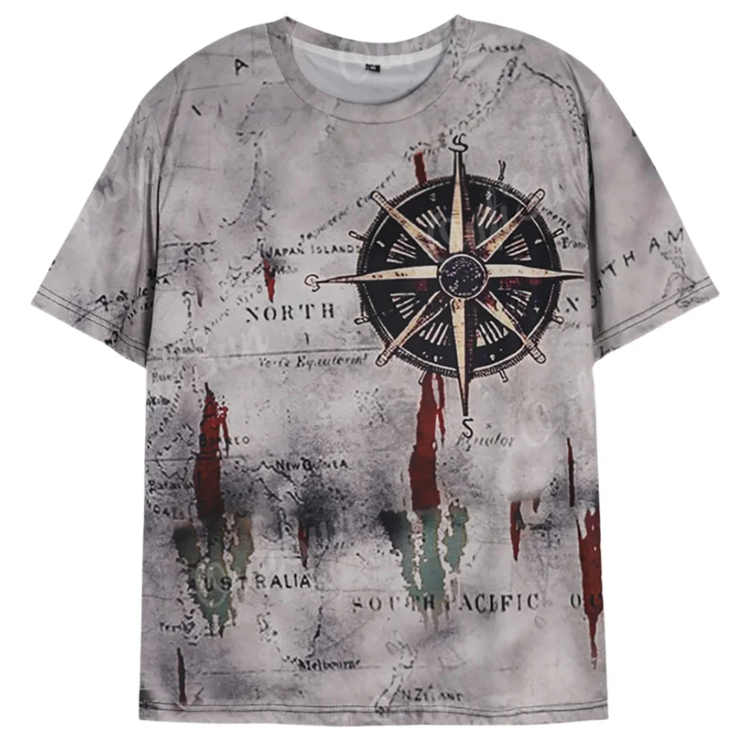 

Vintage Men's Nautical Map Compass Printed T-shirt Summer Oversized Loose Men Fashion Casual Crewneck T-shirt Clothing
