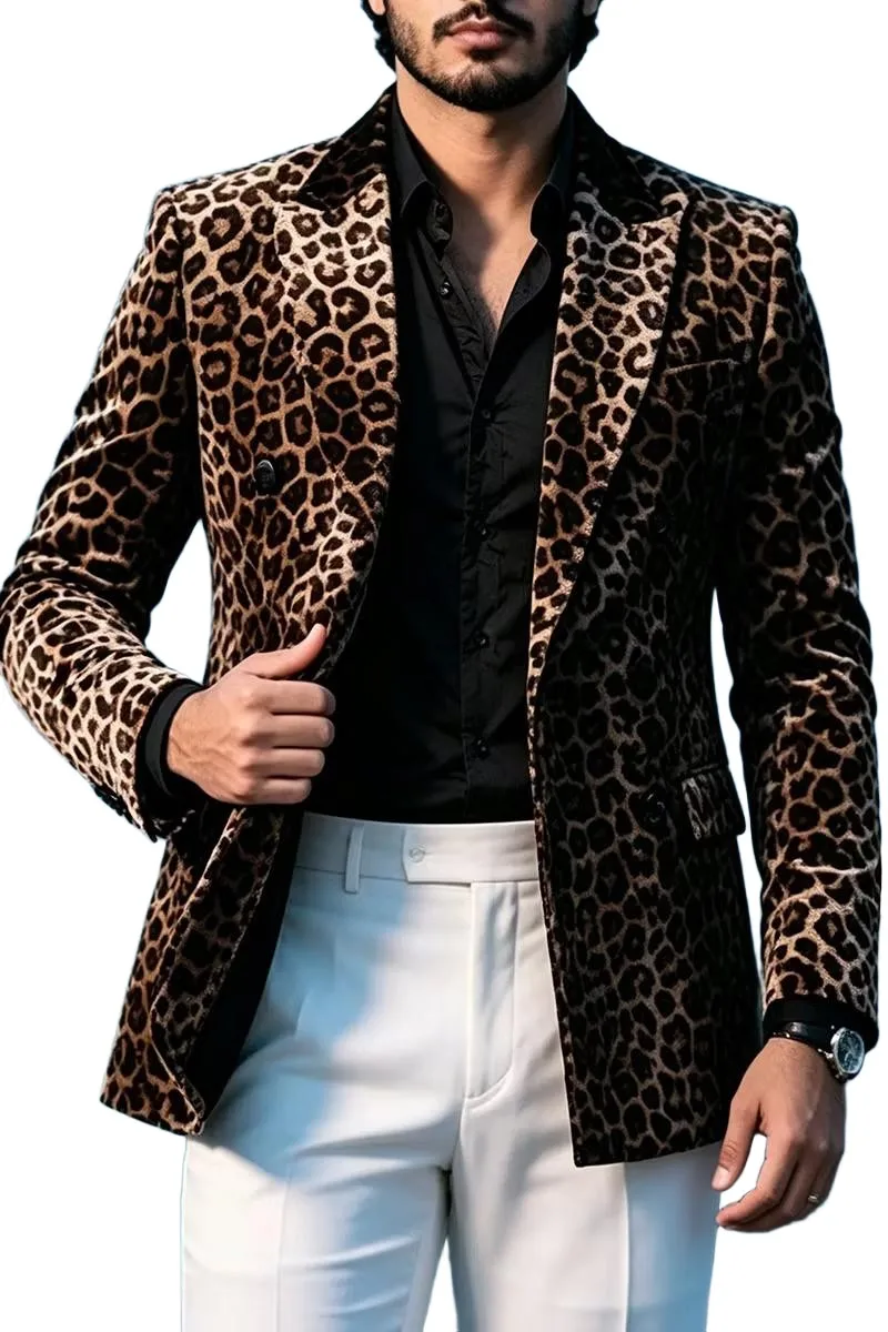 Luxury Leopard Print Blazer with Black Satin Collar and Flap Pockets Men Autumn Party Suit Jacket Customized M266911