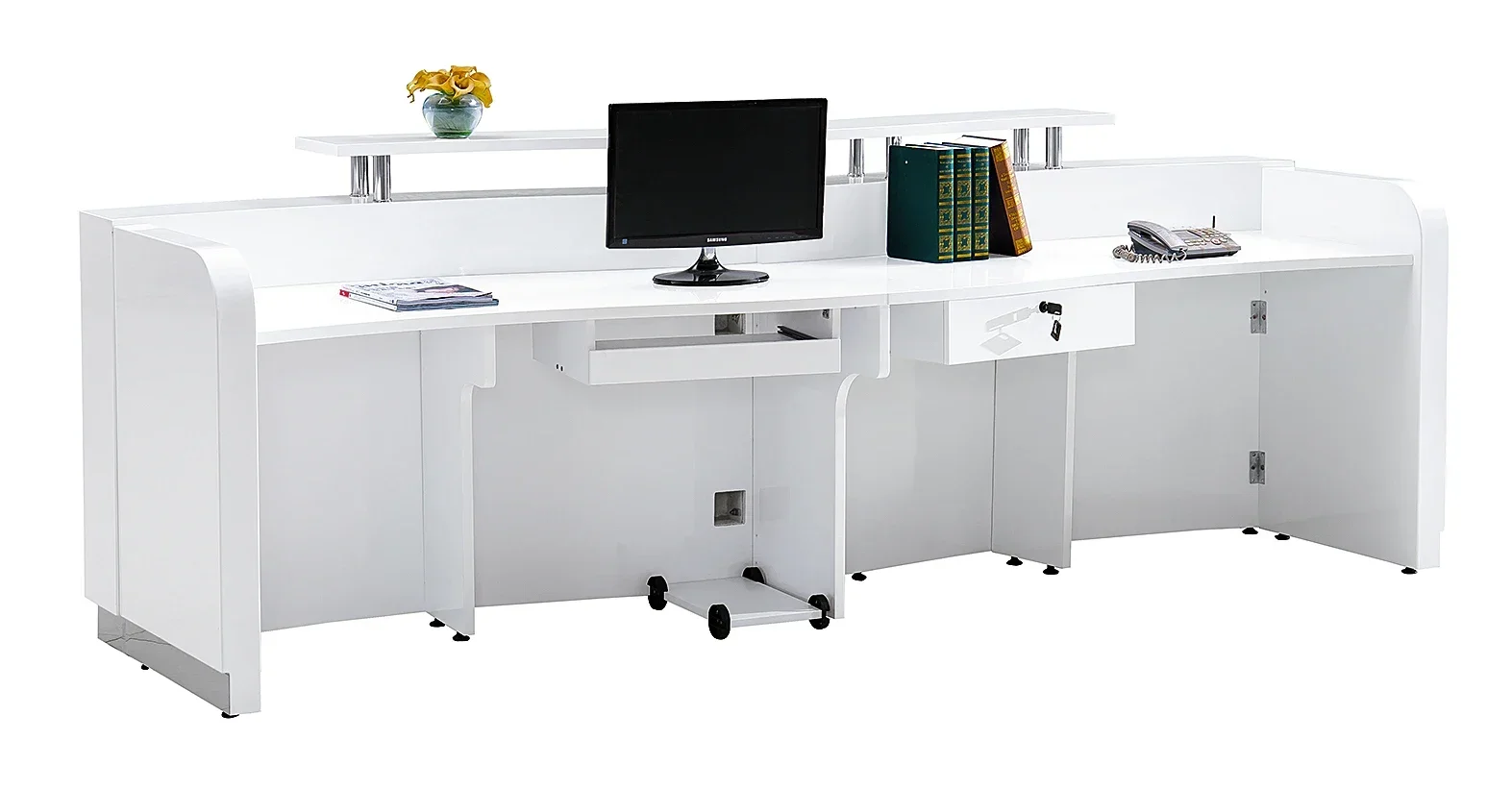 Custom White Reception Desk with Lacquered Front for Company Bar Beauty Salon Cash Register Training Institution Counter