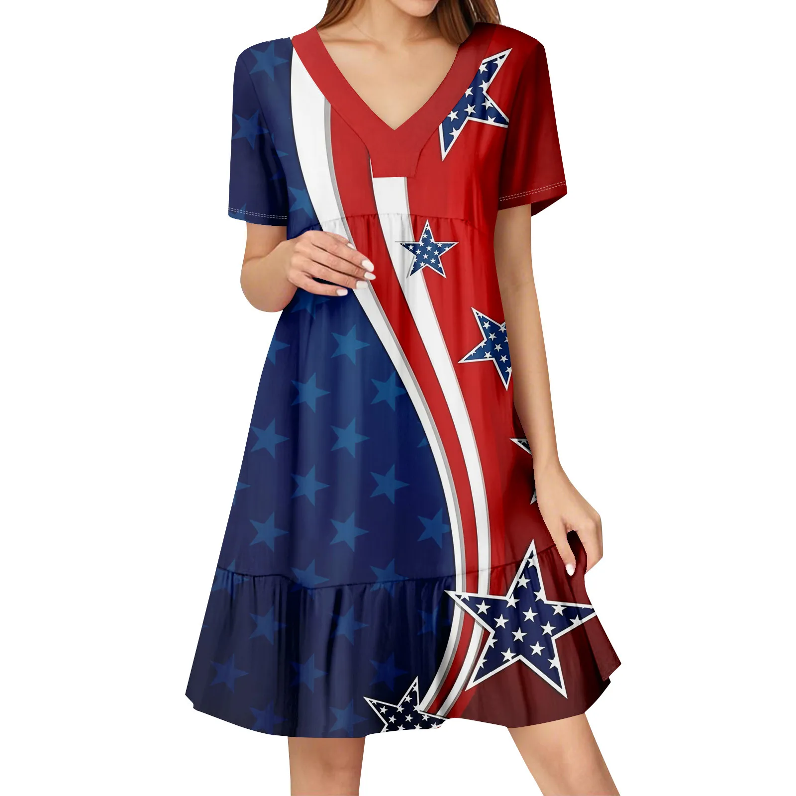 Womens Summer Dress Short Sleeve V Neck Short Dresses Fashion Casual Flowy Boho Ruffle A Line Swing Sundress Summer Dresses