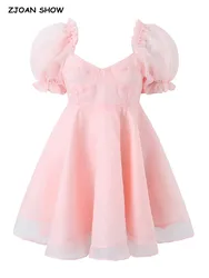 Sweet Princess Summer Light Pink Organza Ball Gown Dress Wood ears Puff Sleeve Retro Women Swing Mini Fairy Cake Robe