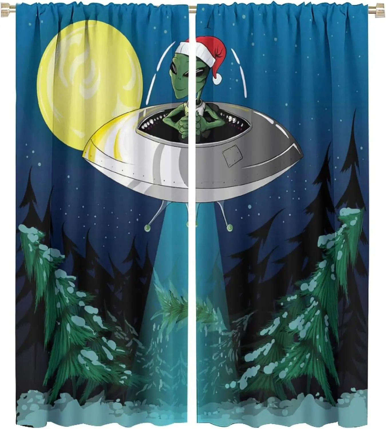 Outer Space Blackout Window Curtain, Alien Santa Claus Hat Naps A Tree for Baby Boys Bedroom Nursery Children Drapes 2 Panels