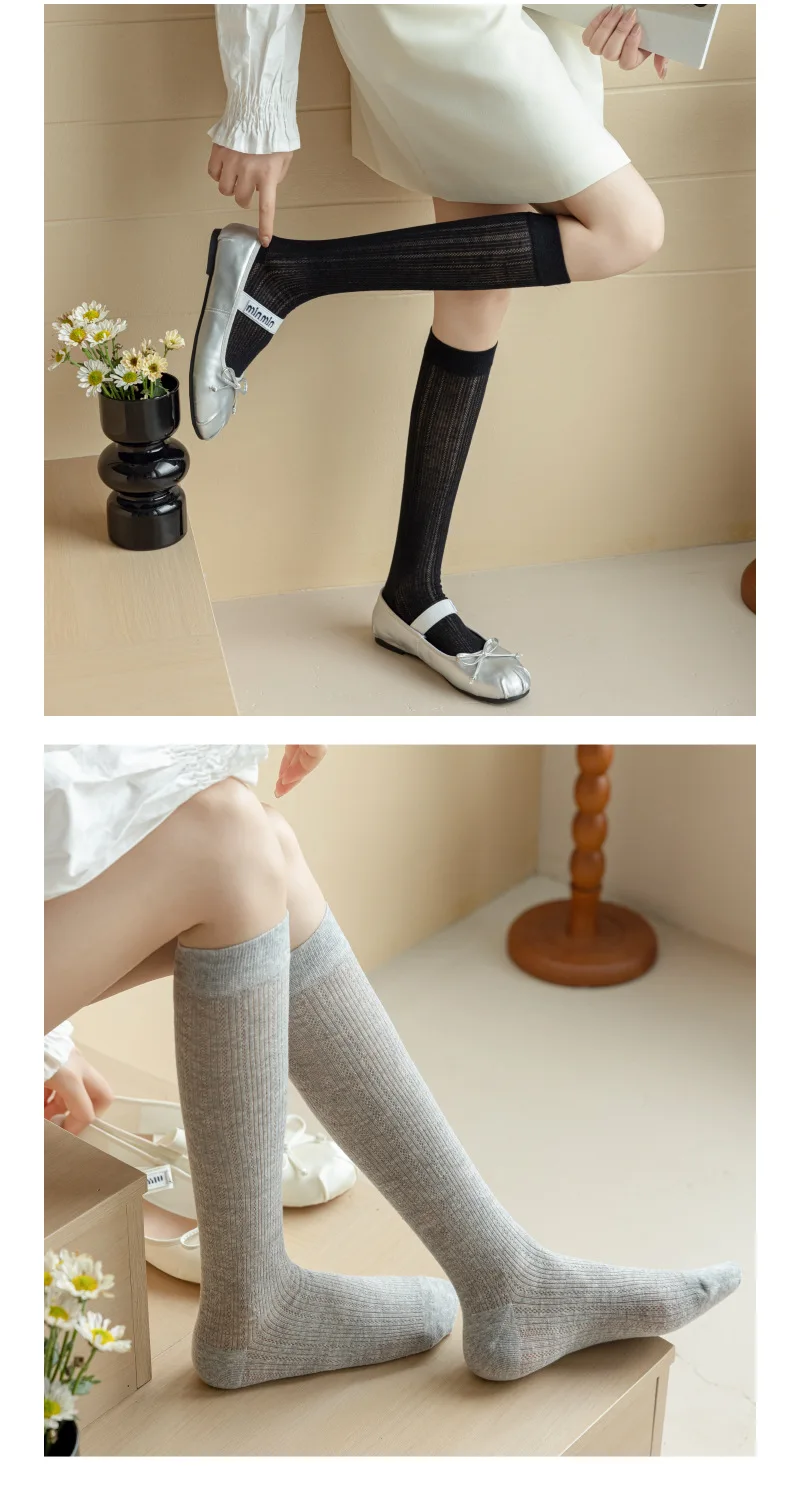 Balletcore Calf Socks Women's Mid-calf Socks White Black Scrunched Socks Summer Thin Mesh Stockings