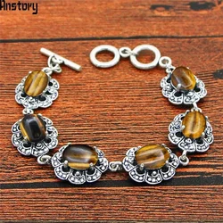 Oval Oval Natural Tiger Eye Bracelet Plum Flower Design Vintage Look Antique Silver Plated Gem Stone Fashion Jewelry TB337