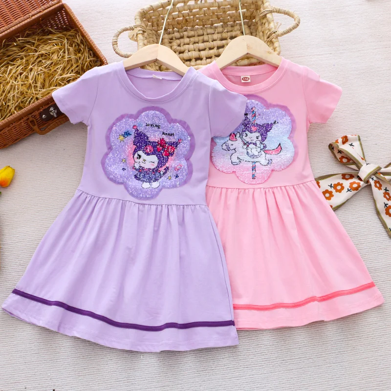 

Toddler Girls Short Sleeve T-shirt Cute Sanrio Hello Kitty Kuromi Melody Casual Princess Dress For Party Kids Summer Clothes