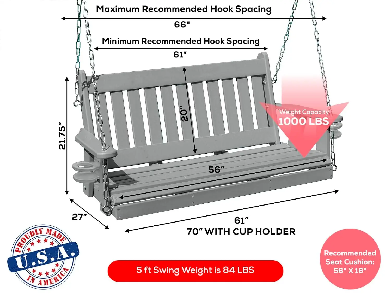 Mission 5FT Poly Lumber Porch Swing Cupholders 1000 lbs Stainless Steel Hardware Patio Outdoor Garden, Customized