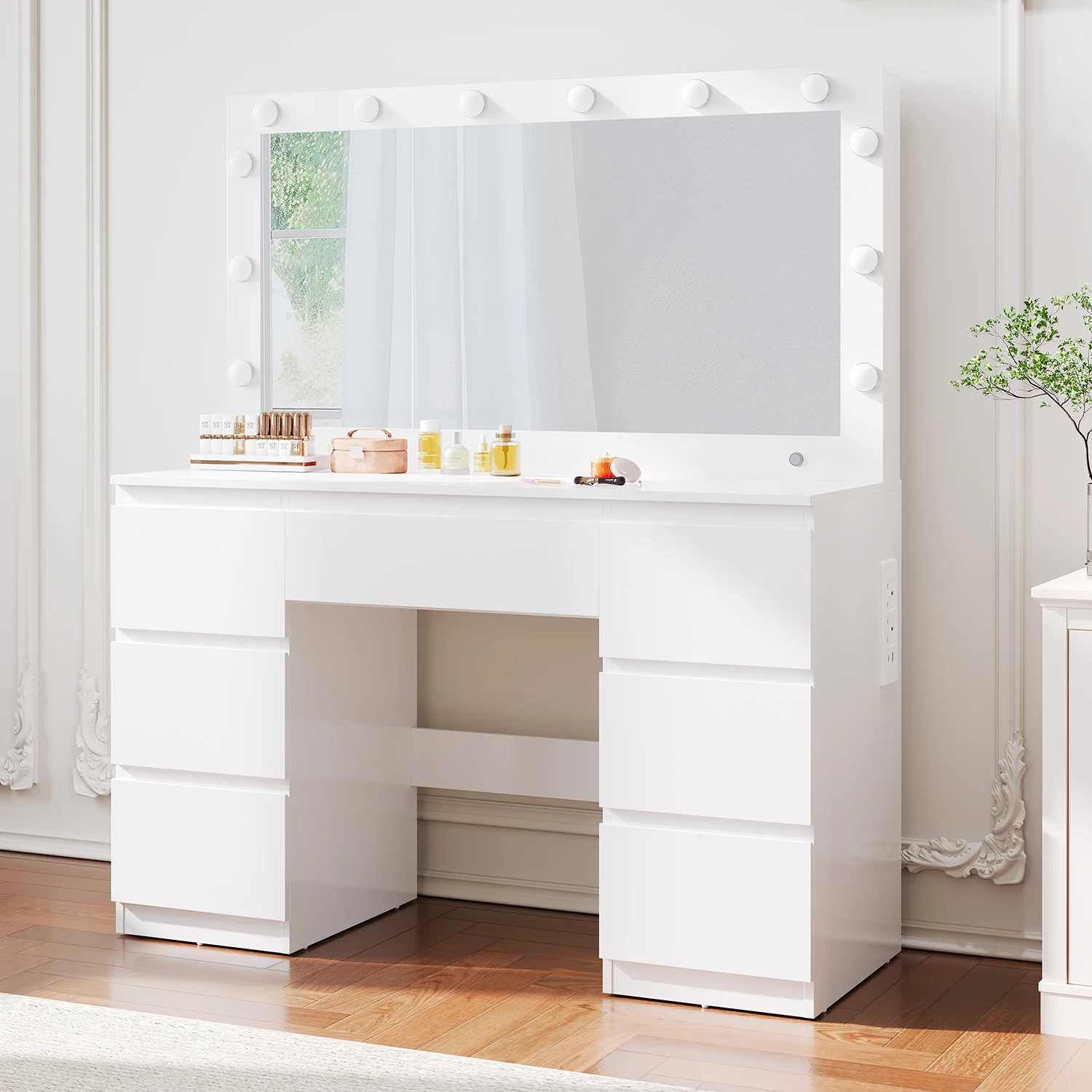Tocador Homall con Espejo LED, Escritorio de Maquillaje Blanco con 7 Cajones, Mesa de Maquillaje Estilo Hollywood con Enchufe y Espacio de Almacenamiento