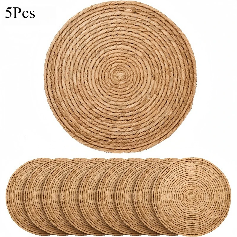 5Pcs Handwoven Hyacinth Rope Round Placemats, Beige Heat Resistant Boho Farmhouse Table Decor