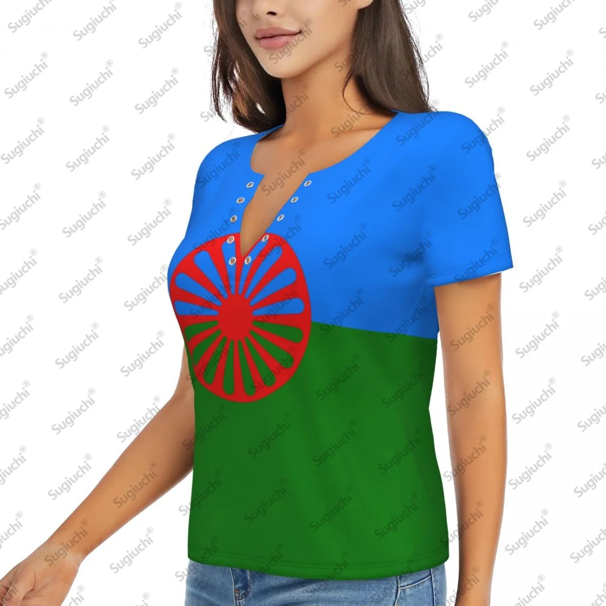 2025 bandera gitana Sexy cuello en V profundo mujeres 3D manga corta moda camisetas ropa femenina Tops chica blusa Casual camisetas