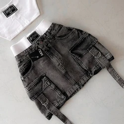 Vintage Y2K New Fashion Harajuku Multiple Pockets Denim Plaid Skirt Goth Black Mini Skir Womens Casual Versatile Sexy Streetwear