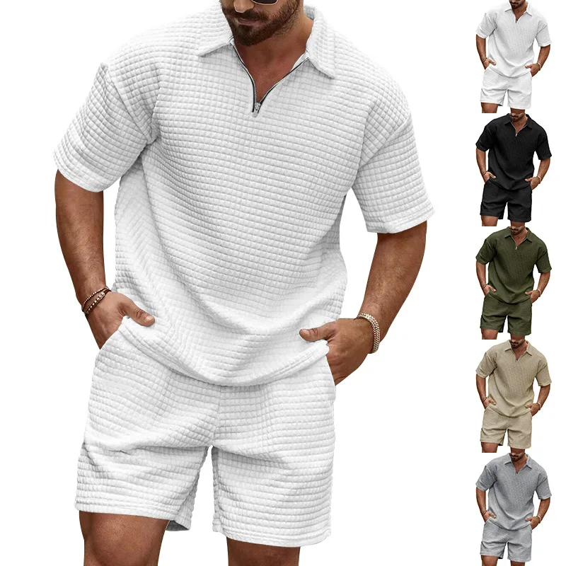 

Summer Casual Trend Men'sPolo shirt+shorts Fashion Comfort Waffle Solid Color Turtleneck Tracksuit Short Sleeved T-shirt Set