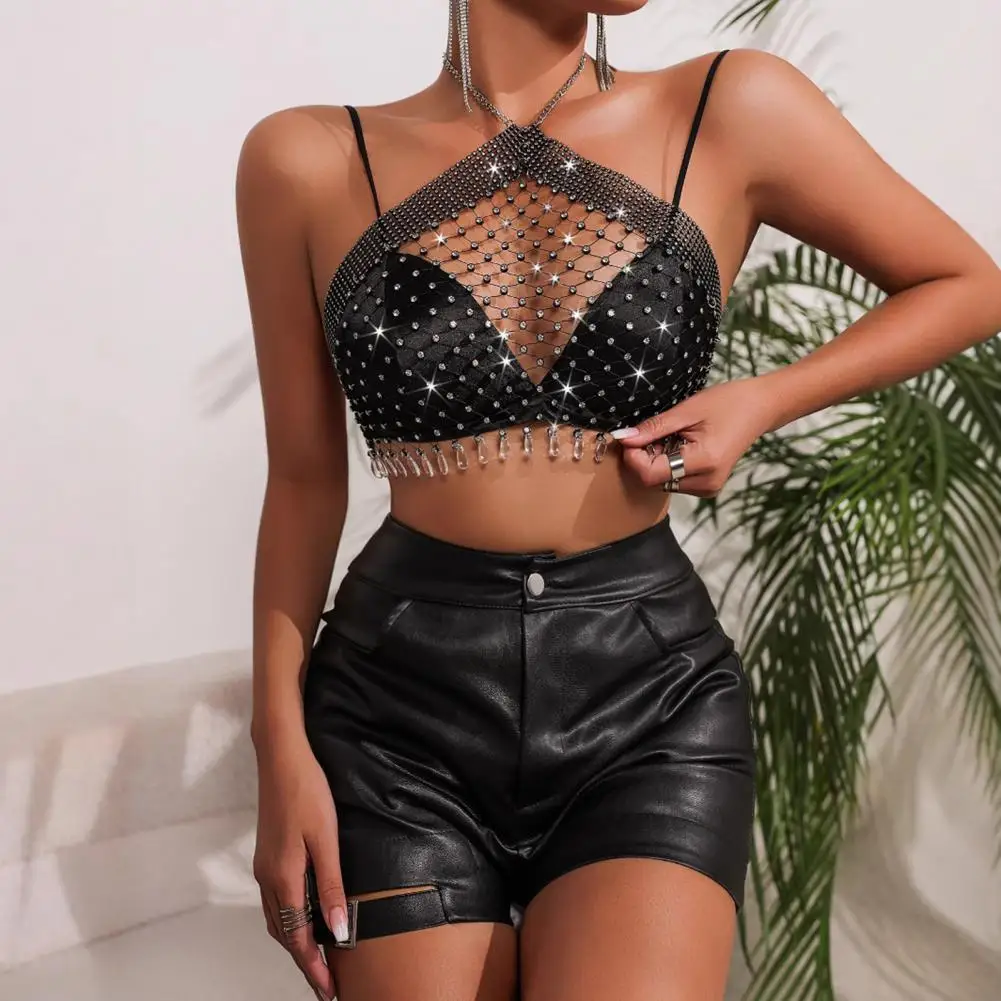 

Sexy Halter Tops Sleeveless Backless Cropped Tops Hollow Fishnet Shiny Rhinestones Inlaid Perspective Neck Strap Top
