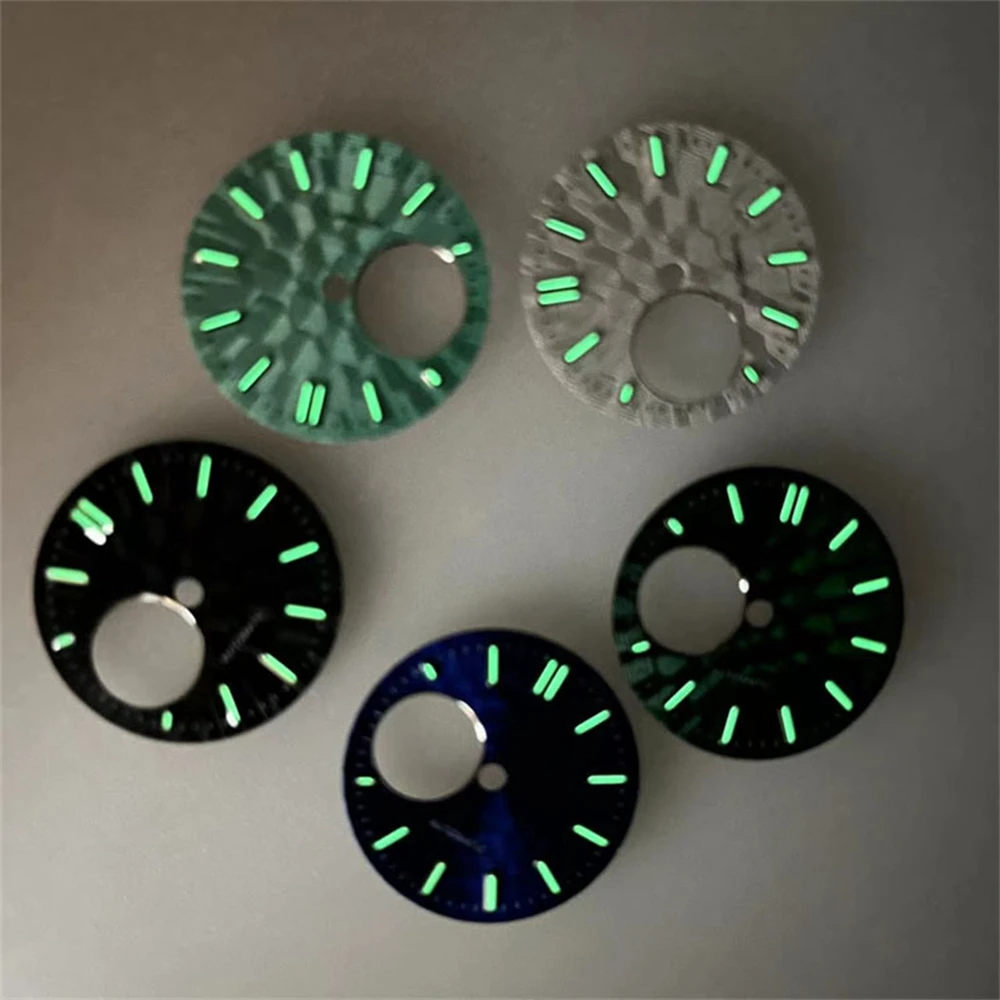 28.5MM Green Luminous Mechanical Watch Dial Modify Accessories for NH34/NH38 Movement Replacement Round Hole Dial Feet at 3/3.8