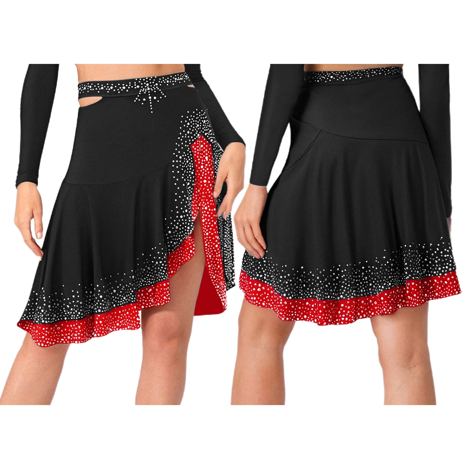 Falda de baile de Jazz latino para mujer, faldas con volantes y cintura hueca con diamantes de imitación brillantes para baile de salón, Cha-cha, Tango, Rumba, patinaje Samba