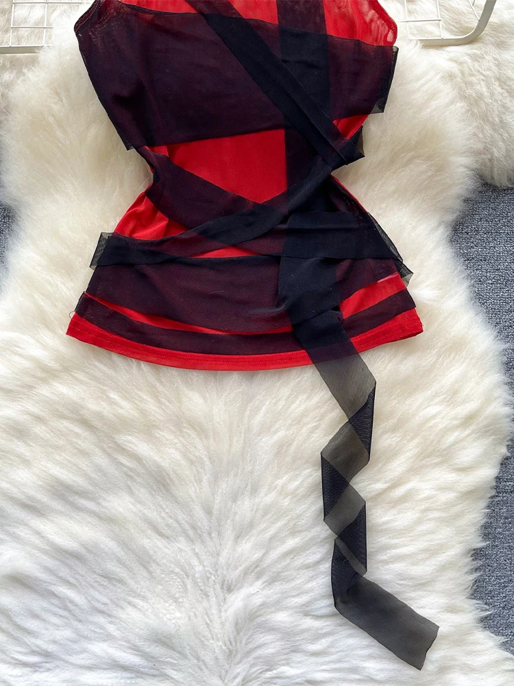 Kobiety Red Mesh Crop Top 90s Vintage Y2k Camisole Off Shoulder Bandage Corset Top Vest Sexy Tank Tops Emo 2000s Coquette Clothes