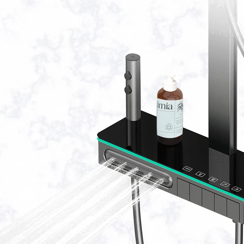 욕실 다기능 디지털 디스플레이 샤워 시스템 황동 피아노 키 노출형 온도 조절 수도꼭지 소프트 & 레인 스프레이 패턴