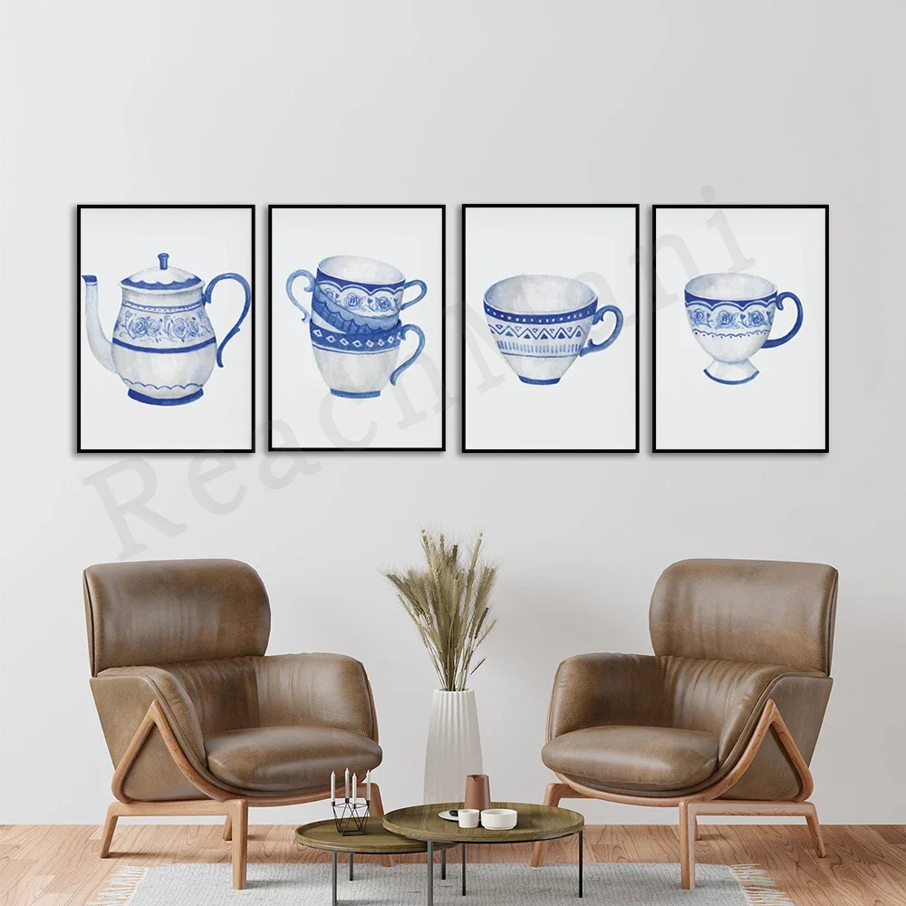 Chinese wind wall art prints, Chinese blue and white porcelain watercolor tea set art posters home decor