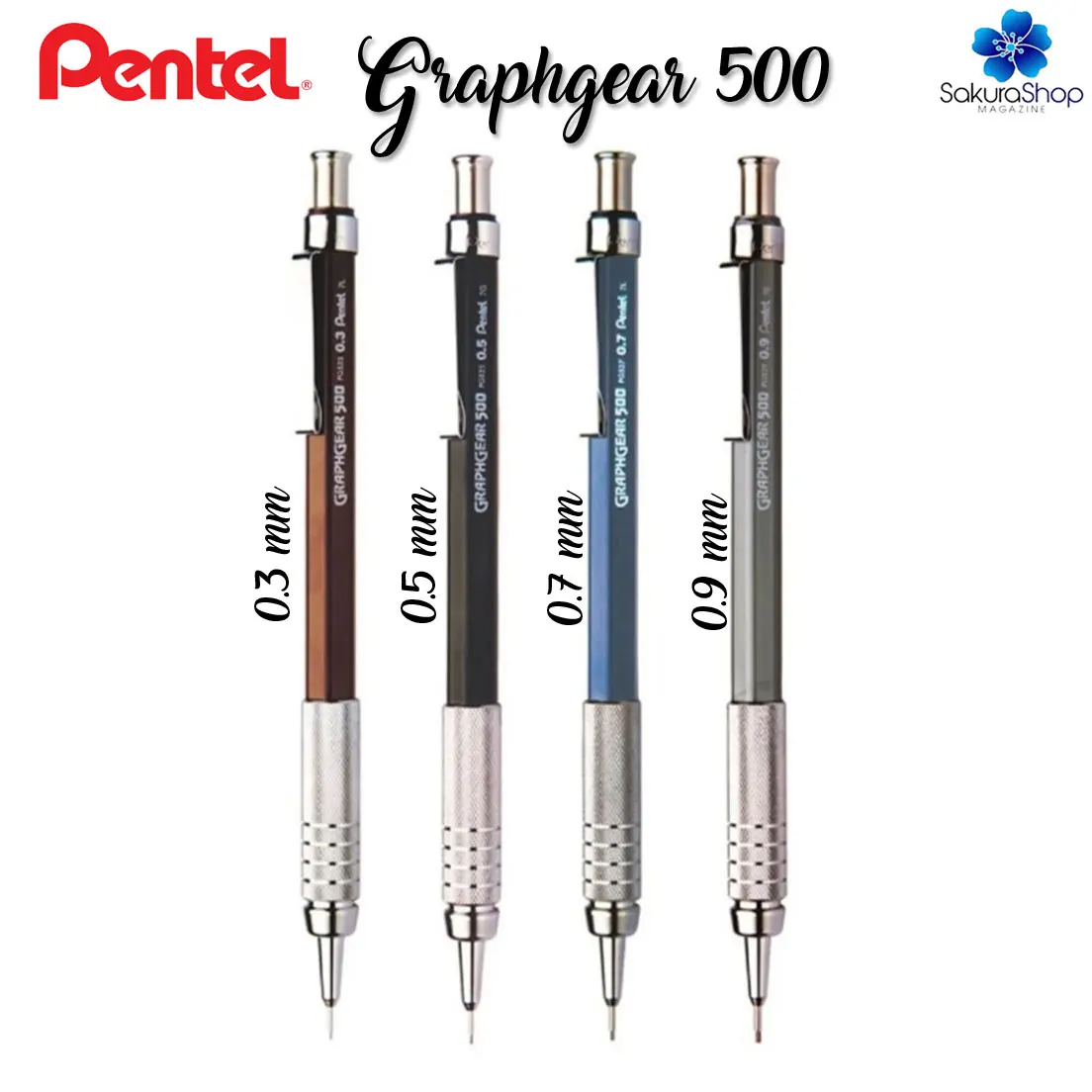 Kit 4 Lapiseira Tecnica Profissional Pentel Graphgear 500 0.3, 0.5, 0.7 and 0.9