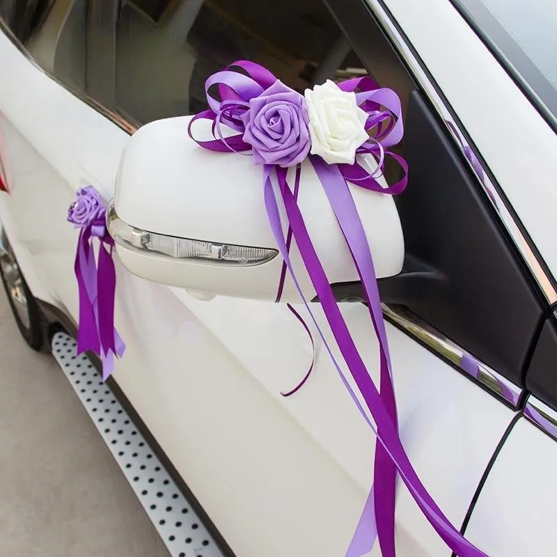 Multicolor Rose Satin Bow, Artificial Flowers, Mirror Door Handle Embellishment, Wedding Car Decoration, Korean, 2015