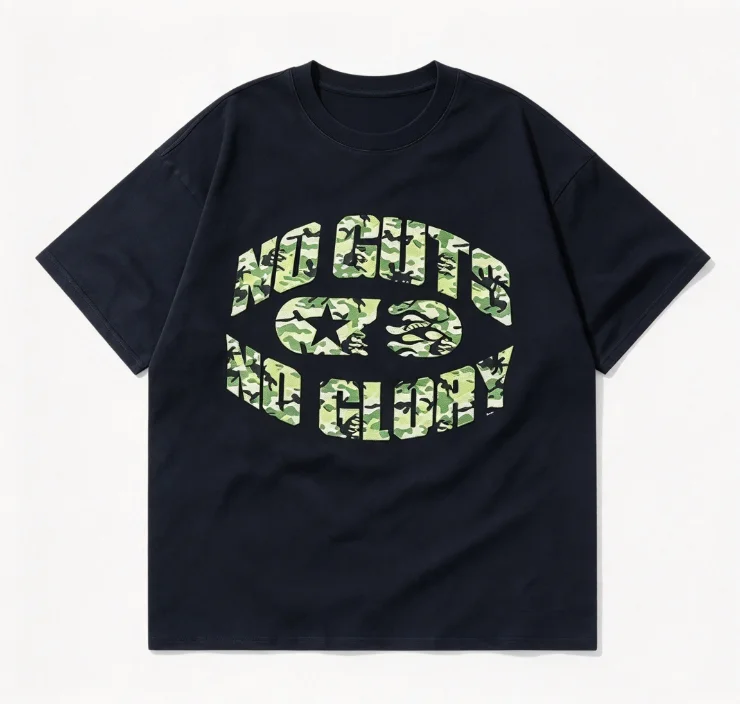2026 new Single-sided print short sleeve tee curved camouflage slogan with star element on front washed dropped shoulder loose