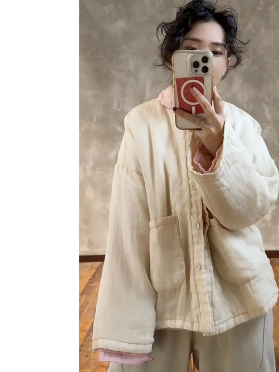 

plus Size Winter Thiened Warm Cotton Jaet Long Sve Women's Loose Sle Chinese Sle Button up Top Coat Fem Outerwear