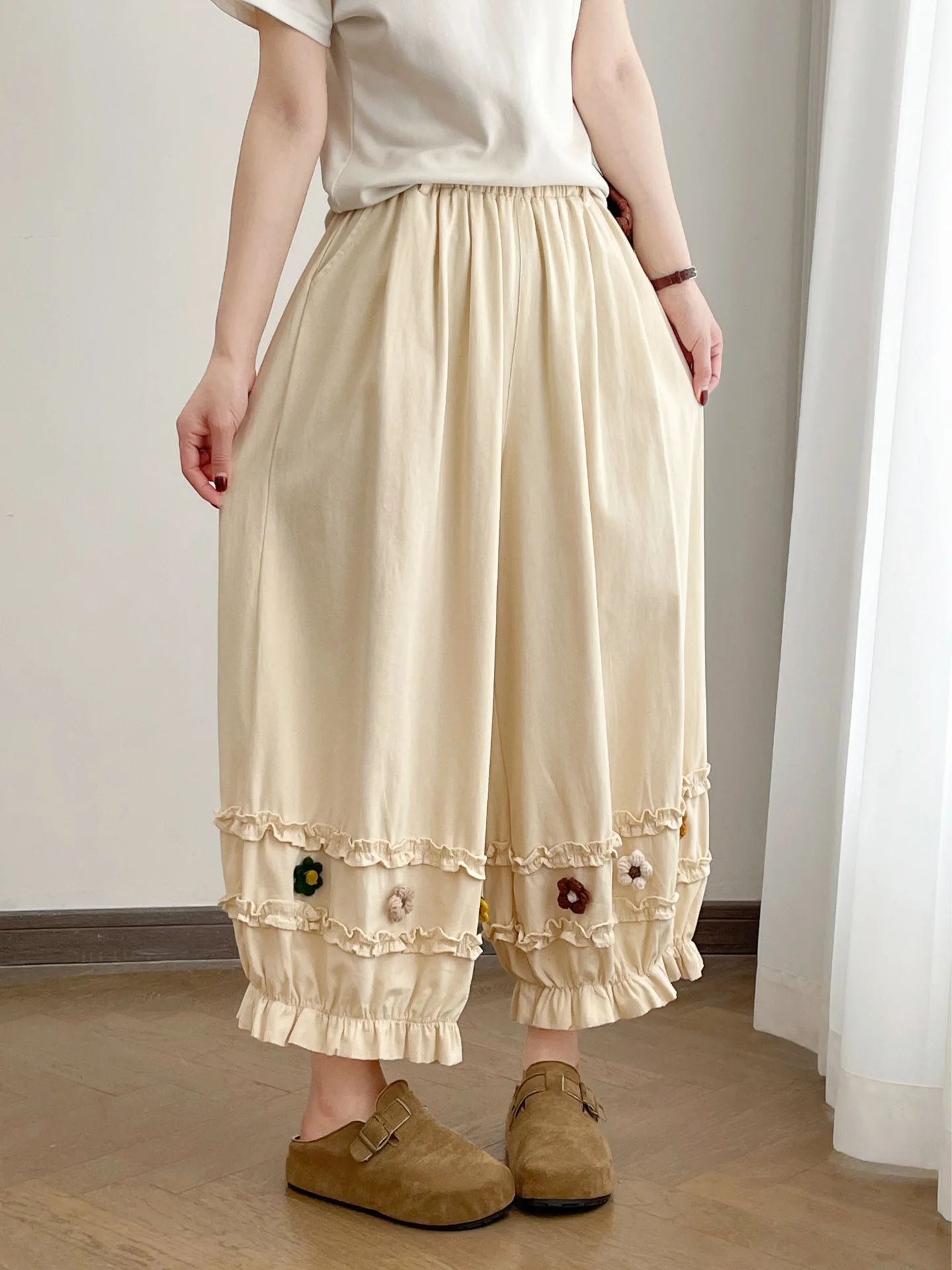 New 2026 Summer Women Cotton Trousers, Elastic Waist 3D Floral Ruffles, Mori Girl Sweet Age Reduction Bloomers Pants B64357CC