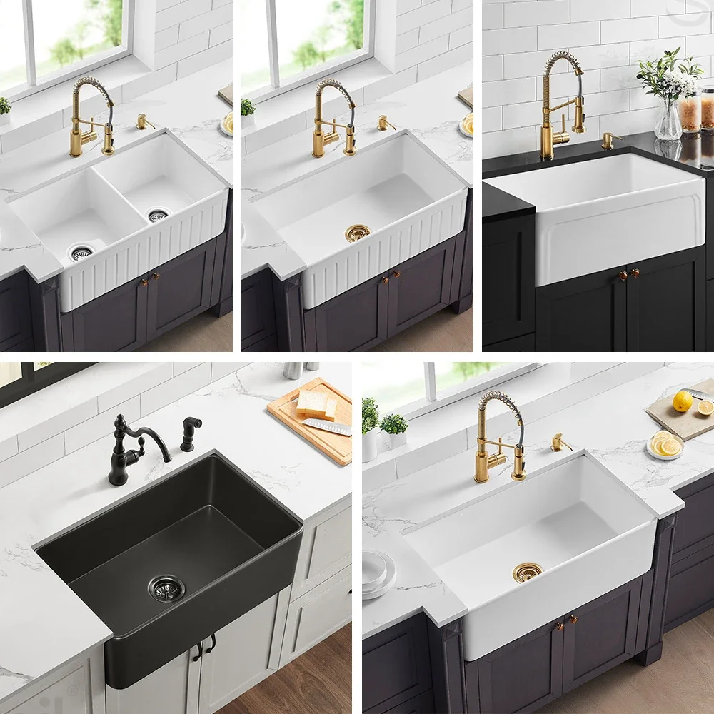 for cUPC Modern New Design White Black Fireclay Single Bowl Apron Front Kitchen Sinks Double Bowl Farmhouse Kitchen Sink